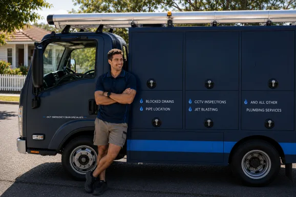 Plumber standing beside a service van in Mosman