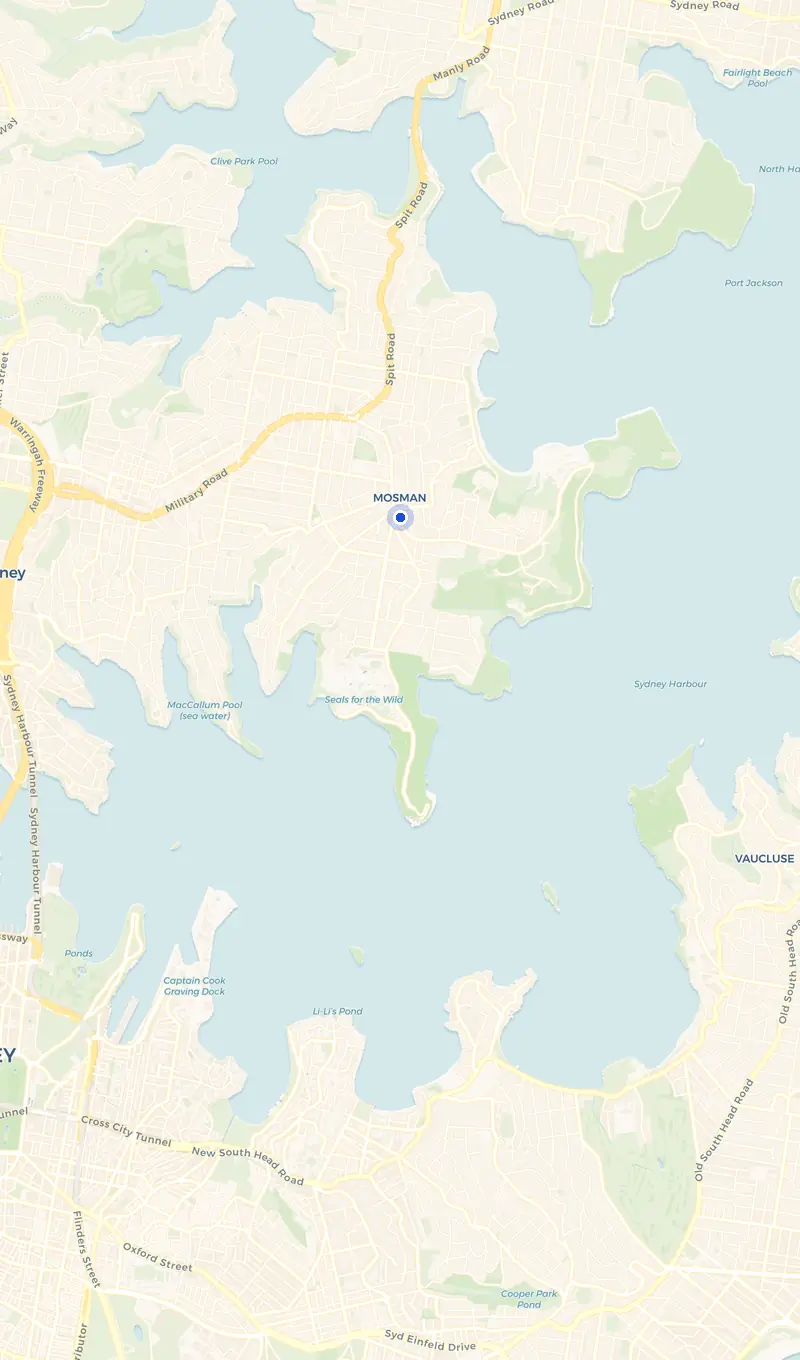 Map of the Mosman service area and the surrounding suburbs we cover.