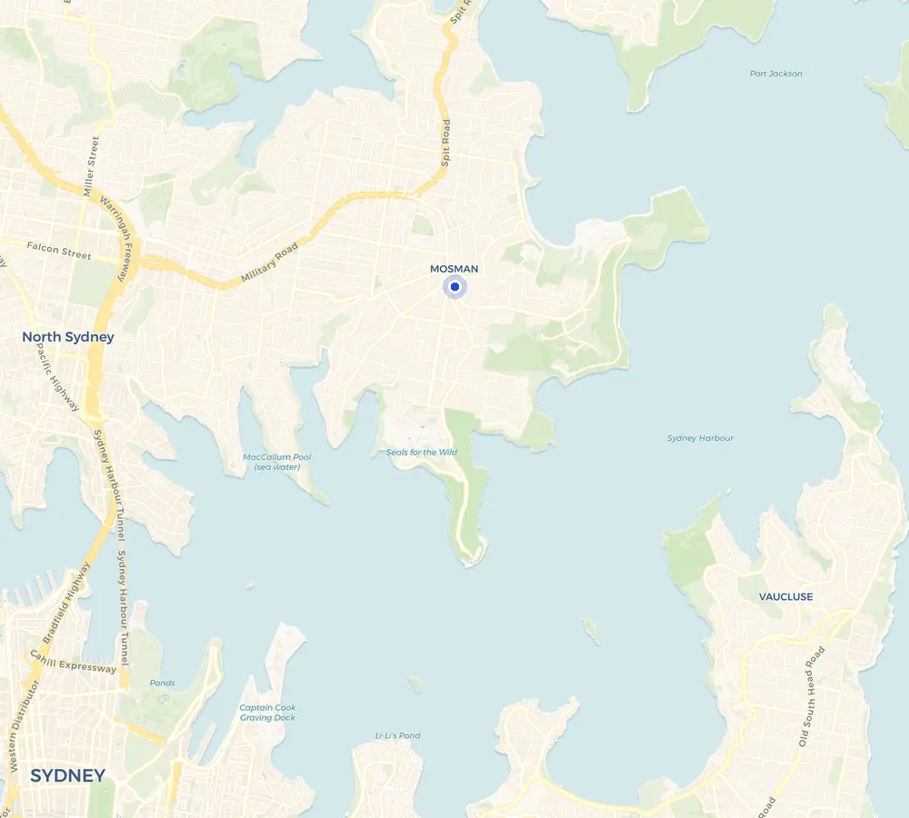 Map of the Mosman service area and the surrounding Lower North Shore, showing Mosman and the nearby streets we cover.