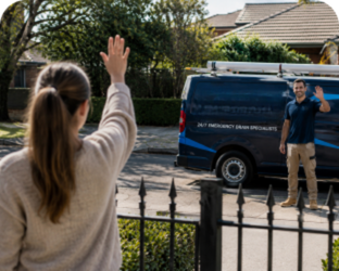 Customer waving goodbye to a Mosman Blocked Drains plumber